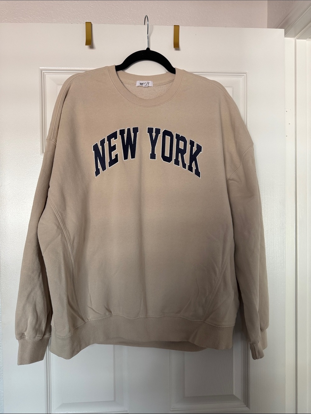 Garage Beige Crewneck Sweatshirt with Navy 'New York' Print